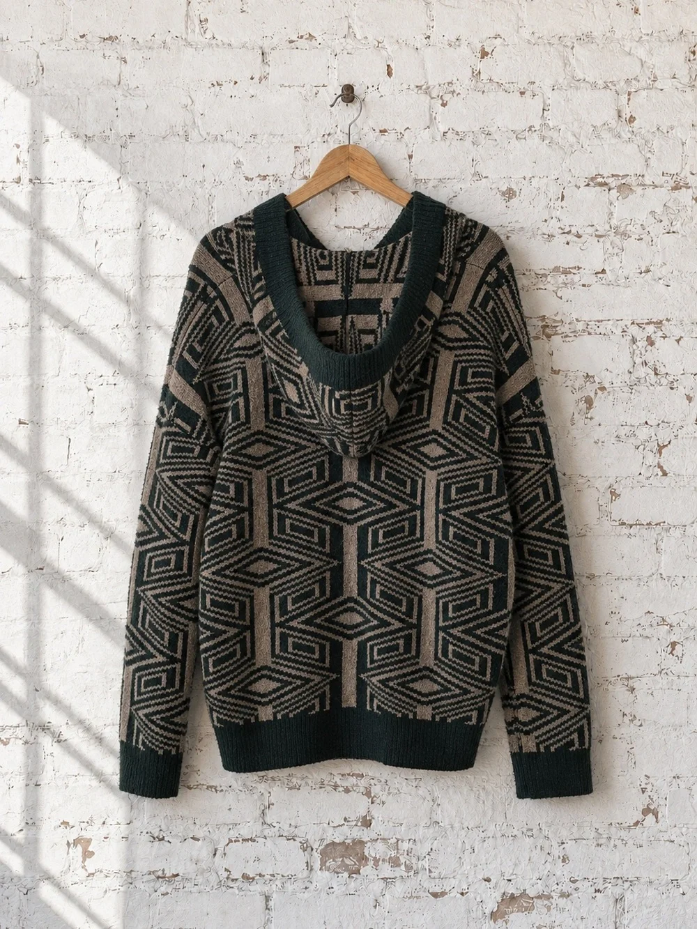 Free People Aztec Print Hoodie Sweater Moss Green Cream Oversized M